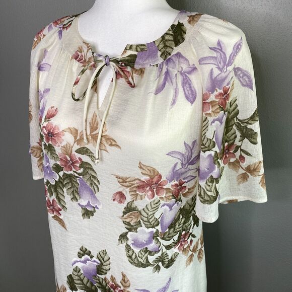 VTG Mynette Women's 14 Dress Sheer Tropical Floral Cream Flutter Sleeve 70's - Picture 3 of 14